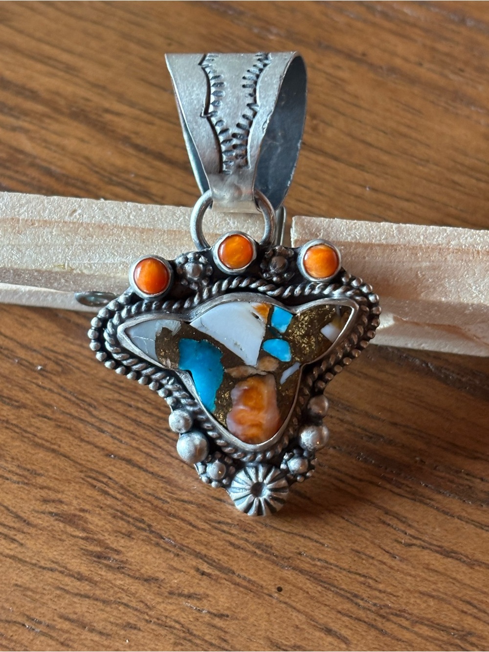 Cow Pendant Sterling Silver Turquoise & Orange Inlay Pendant